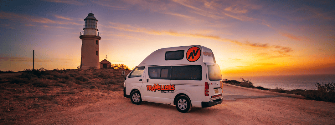 Campervan with sunset view